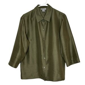Style & Co. Collection Vtg Women's Green Silk 3/4 Button Collared Top Size 12